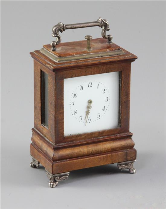 A 19th century silver mounted partridge wood miniature quarter repeating carriage timepiece, 3.25in.